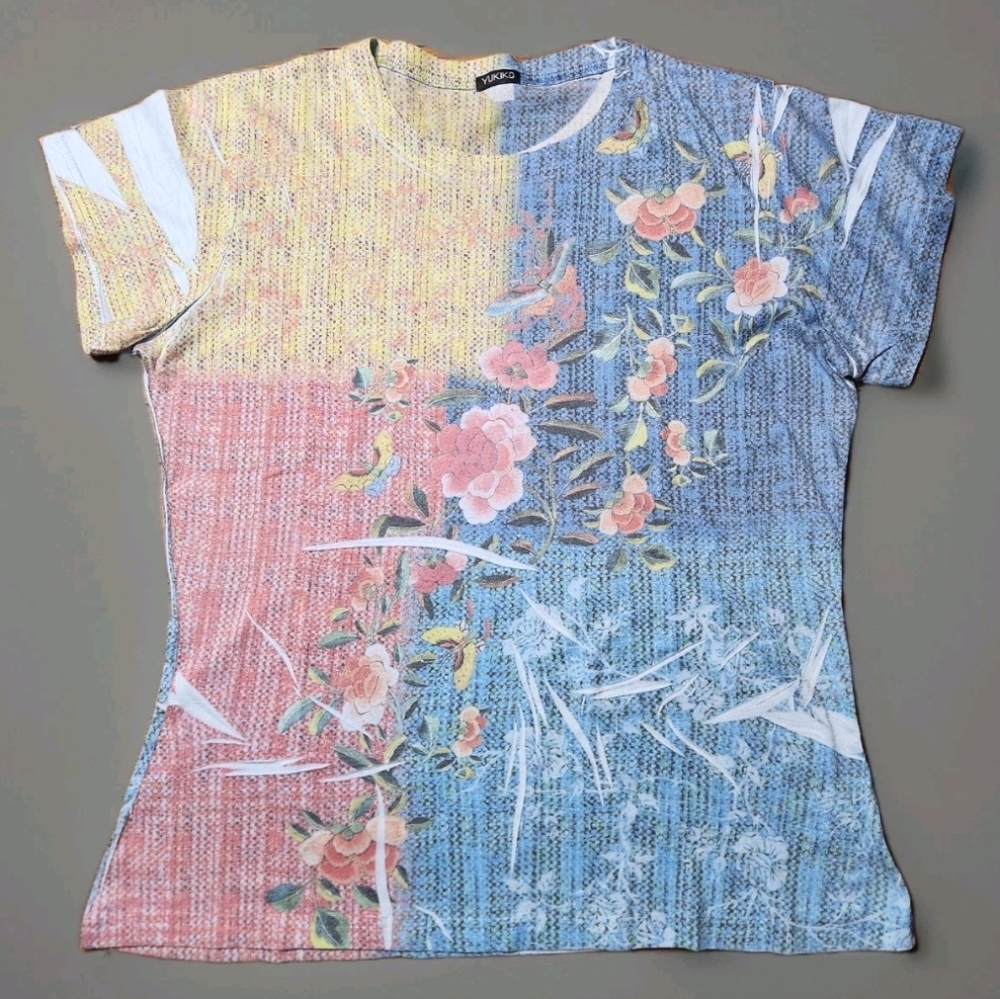 YUKIKO Artwear Tee Japanese Floral Patchwork Print Graphic Top Women XXL